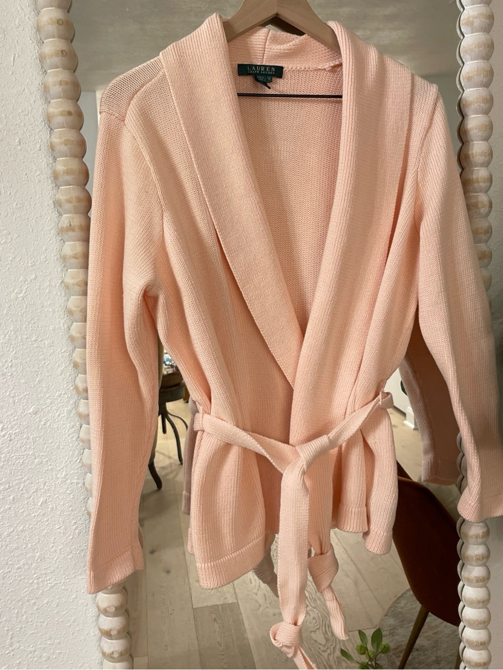 Lauren Ralph Lauren Pink Shawl-Collar Belted Cardigan heavy 100% cotton
